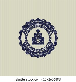 Blue man working on computer icon inside distress grunge stamp
