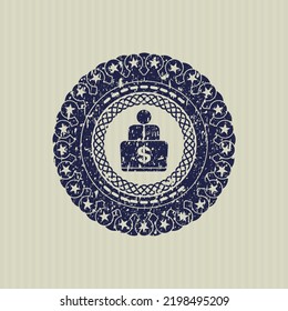 Blue man working on computer icon inside distressed grunge style stamp. 