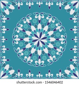 Blue mandala, arabesque, rossete emblem. Indian symbol, sign. Isolated drwing. Modern wallpaper, background. Luxury print on tile, pillow, bandana, case, card, cover. Vector abstract art.