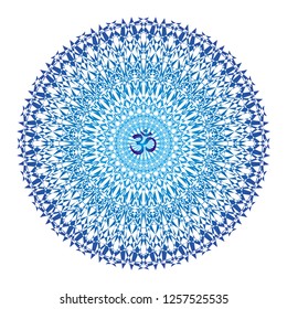 Blue mandala with aum / ohm / om sign in the center. Vector openwork delicate drawing. Spiritual symbol.