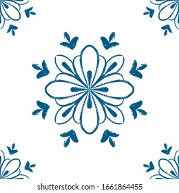 Blue mandala flower seamless pattern design. Doodle mandala illustration. Hand draw ornament pattern background for print and textile, home decor and wrapping paper. Boho ethnic design.