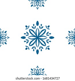 Blue mandala flower seamless pattern design. Doodle mandala illustration. Hand draw ornament pattern background for print and textile, home decor and wrapping paper. Boho ethnic design.
