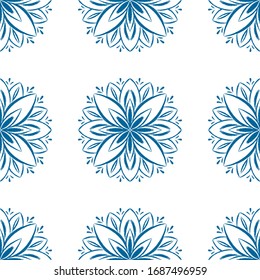 Blue mandala flower seamless pattern design. Doodle mandala illustration. Hand draw ornament pattern background for print and textile, home decor and wrapping paper. Boho ethnic design.