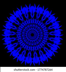 flor azul de mandala que tiene cuarenta y dos pétalos con una gruesa capa interior de tres círculos estampados.Mandala decorativa de color azul con fondo negro