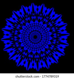 
blue mandala flower which has forty petals with a thick inner layer of three patterned circles.Colored decorative Mandala in blue colors with black background