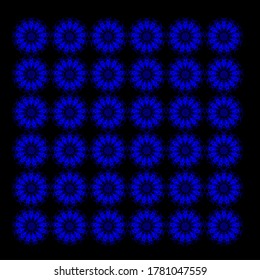 blue mandala flower which has one hundred four petals and six layers of the same grooved circle drawn in row six and column six to form a rectangle