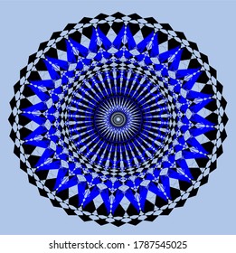 A blue mandala flower which has one hundred ninety-three petals and seven matching circles