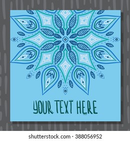 Blue mandala hand drawn postcard vector