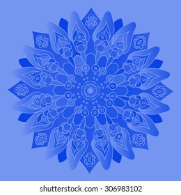 Blue mandala. Isolated round element. Monochrome vector illustration. Cold colors.