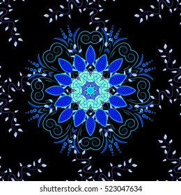 Blue mandala on black background. Vector illustration.