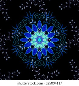 Blue mandala on black background. Vector illustration.