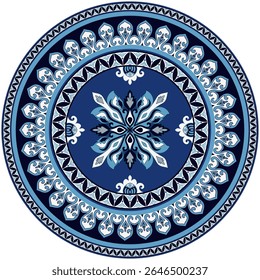 Blaues Mandala-Ornament-Muster, traditionelles florales geometrisches Design, Kreisteppich