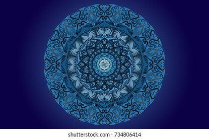 Blue of Mandala. Round Ornament Pattern. Geometric circle element made in vector colorful line background.