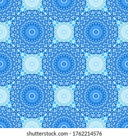 Blue mandala tile seamless pattern. Portuguese ornament. Blue cyan mandala fabric print. Circle geometric shapes seamless textile pattern. Design for interior decor. Lovely tile template.
