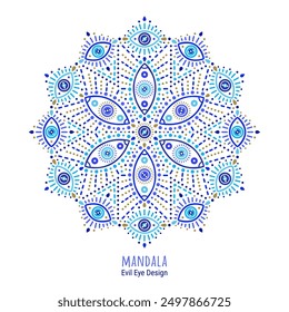 Blue mandala of Turkish evil eye symbols. Ethnic style greek protection from the spoilage signs with golden details background. EPS 10 vector circle print