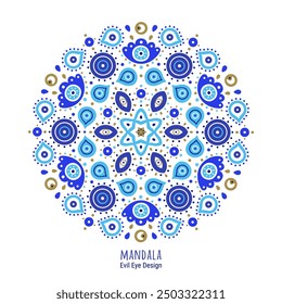 Mandala azul de símbolos turcos del mal de ojo. Estilo étnico de protección griega de los signos de deterioro con detalles de oro de fondo. EPS 10 Vector círculo impresión para alfombra, estera de yoga o toalla de playa redonda