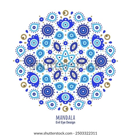 Blue mandala of Turkish evil eye symbols. Ethnic style greek protection from the spoilage signs with golden details background. EPS 10 vector circle print for rug, yoga mat or round beach towel