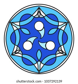 A blue mandala with white circles inside, a symbol of a whirlwind.