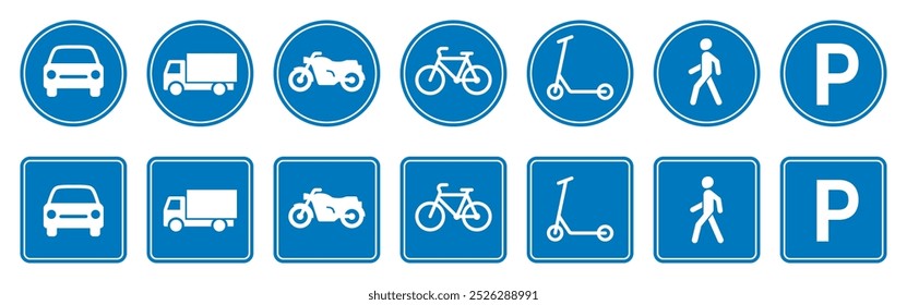 Blaue obligatorische Straßenschilder mit Transportsymbolen. Satz von Verkehrssymbolen. Vektorgrafik