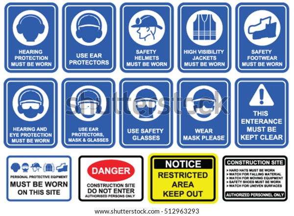 青の背景に白い絵文字で 安全装置の青の必須標識セット 建設現場の看板には 保護具 規則 規則を着用してください のベクター画像素材 ロイヤリティフリー