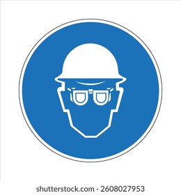 Blue mandatory sign indicating the use of safety goggles and helmet for work safety.
