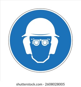 Blue mandatory sign indicating the use of helmet, goggles and ear protection, promoting workplace safety.