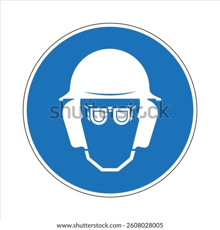 Blue mandatory sign indicating the use of helmet, goggles and ear protection, promoting workplace safety.