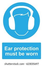 Blue Mandatory Sign isolated on a white background - Ear protection must be worn