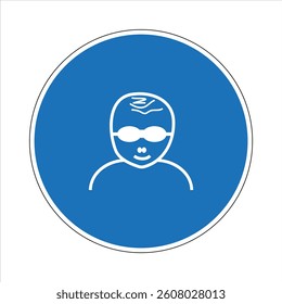 Blue mandatory sign showing a person wearing eye protection, promoting workplace safety and preventing eye injuries.