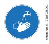 Blue mandatory sign with white drawing of hands washing under running water from tap.