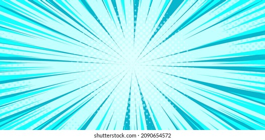 Líneas de marco de acción de anime del manga azul. Fondo retro de arte pop con rayos de luz de estilo cómico, ilustración vectorial. Plantilla explosiva abstracta con líneas de velocidad en fondo transparente