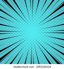 Blue Manga Anime Action Frame Lines With Halftones. Pop Art Retro Background With Exploding Rays Of Lightning Comic Style, Vector Illustration. Abstract Explosive Template With Speed Lines