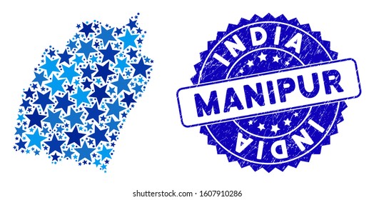 Blue Manipur State map collage of stars, and distress rounded stamp seal. Abstract territory plan in blue color hues. Vector Manipur State map is designed of blue stars.