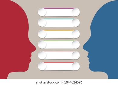 The blue man's head silhouette and red woman's head silhouette with colorful labels ready for your text in the center between them.