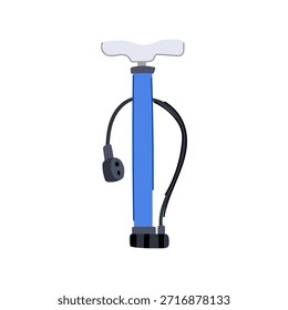 Bomba manual de mano azul de pie, con un mango blanco y una manguera de aire negra con conector, que representa el equipo para el mantenimiento de la bicicleta y la inflación de neumáticos