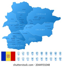 Blue map of Andorra administrative divisions with travel infographic icons. Vector illustration