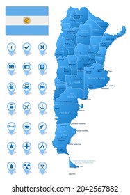 Blue map of Argentina administrative divisions with travel infographic icons. Vector illustration