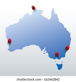 blue map of Australia with red push pins indicating the biggest 