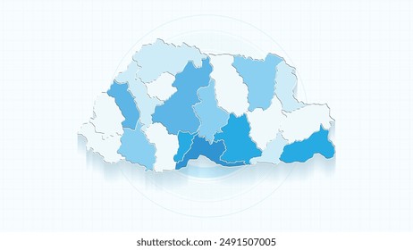 Blue Map of Bhutan, Bhutan map with borders of the states, country high detailed illustration map.