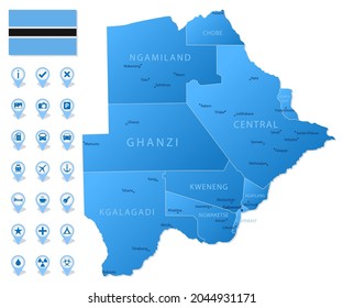 Blue map of Botswana administrative divisions with travel infographic icons. Vector illustration