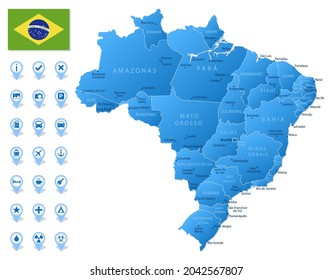 Blue map of Brazil administrative divisions with travel infographic icons. Vector illustration