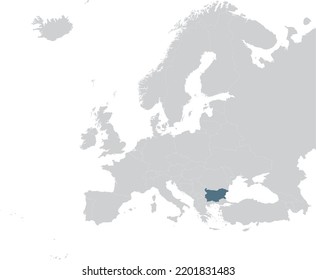 Blue Map of Bulgaria within gray map of European continent