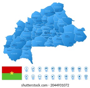 Blue map of Burkina Faso administrative divisions with travel infographic icons. Vector illustration