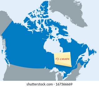 blue map of Canada with yellow stick note card with I love Canad