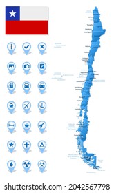 Blue map of Chile administrative divisions with travel infographic icons. Vector illustration