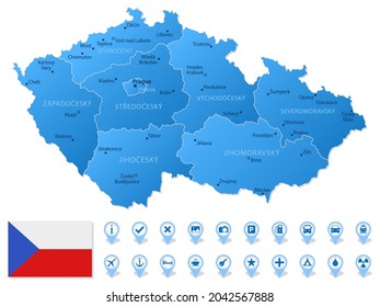 Blue map of Czech Republic administrative divisions with travel infographic icons. Vector illustration