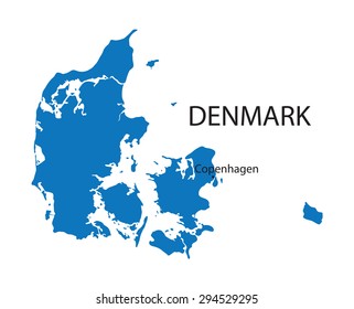 blue map of Denmark with indication of Copenhagen