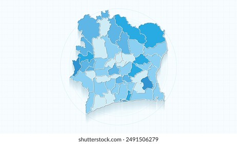 Blue Map of Côte D'ivoire, Côte D'ivoire map with borders of the states, country high detailed illustration map.
