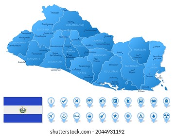 Mapa azul de las divisiones administrativas de El Salvador con íconos de infografía de viajes. Ilustración del vector