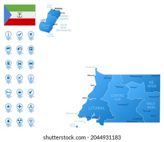 Blue map of Equatorial Guinea administrative divisions with travel infographic icons. Vector illustration